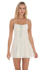 Embroidered Floral Front Tie Dress in White