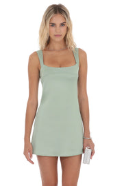 Satin Shift Dress in Sage
