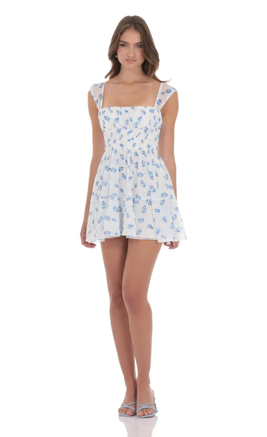 Chiffon Floral Cap Sleeve Dress in White
