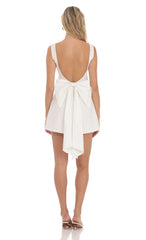 High Neck Back Bow Dress in White