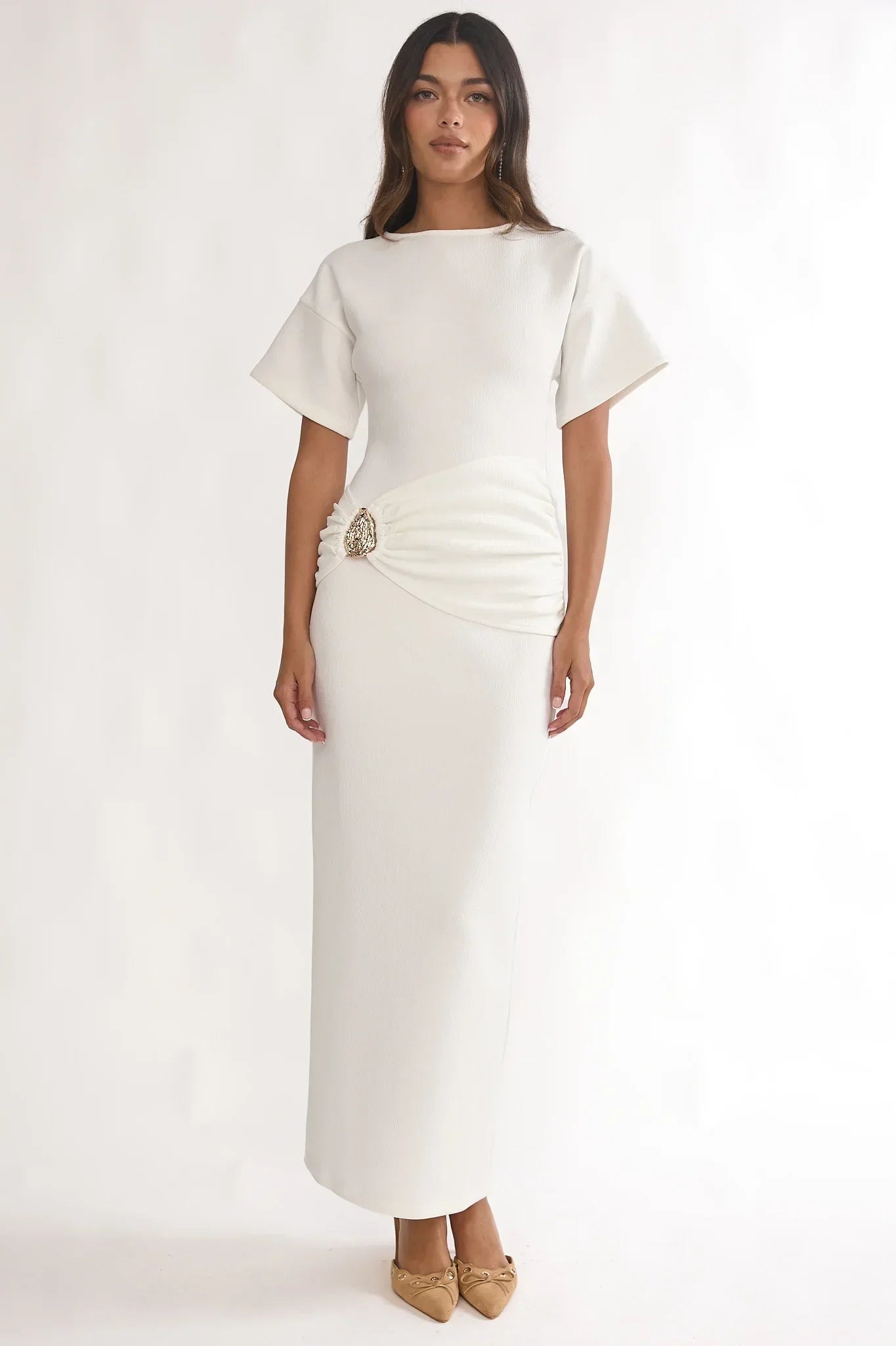 Briona Short Sleeve Buckle Maxi Dress White