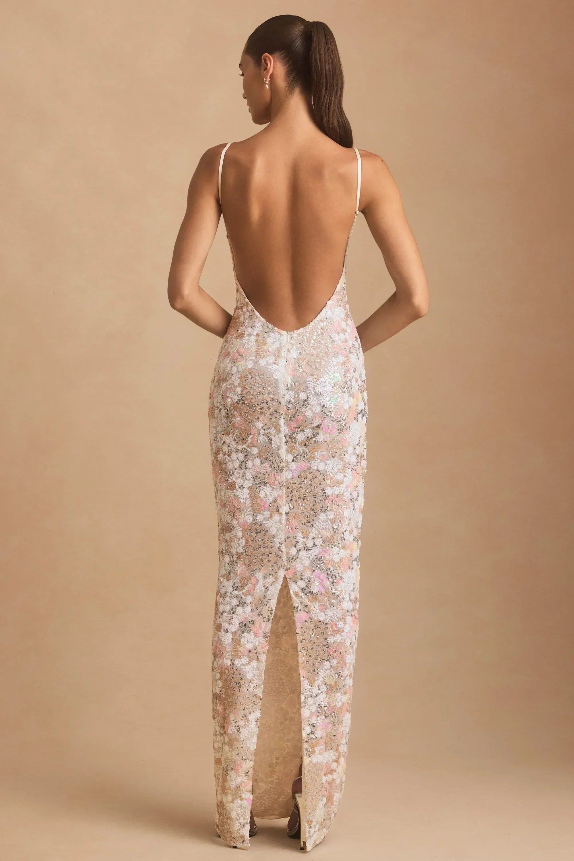 Embellished Scoop-Neck Backless Maxi Dress in Ivory