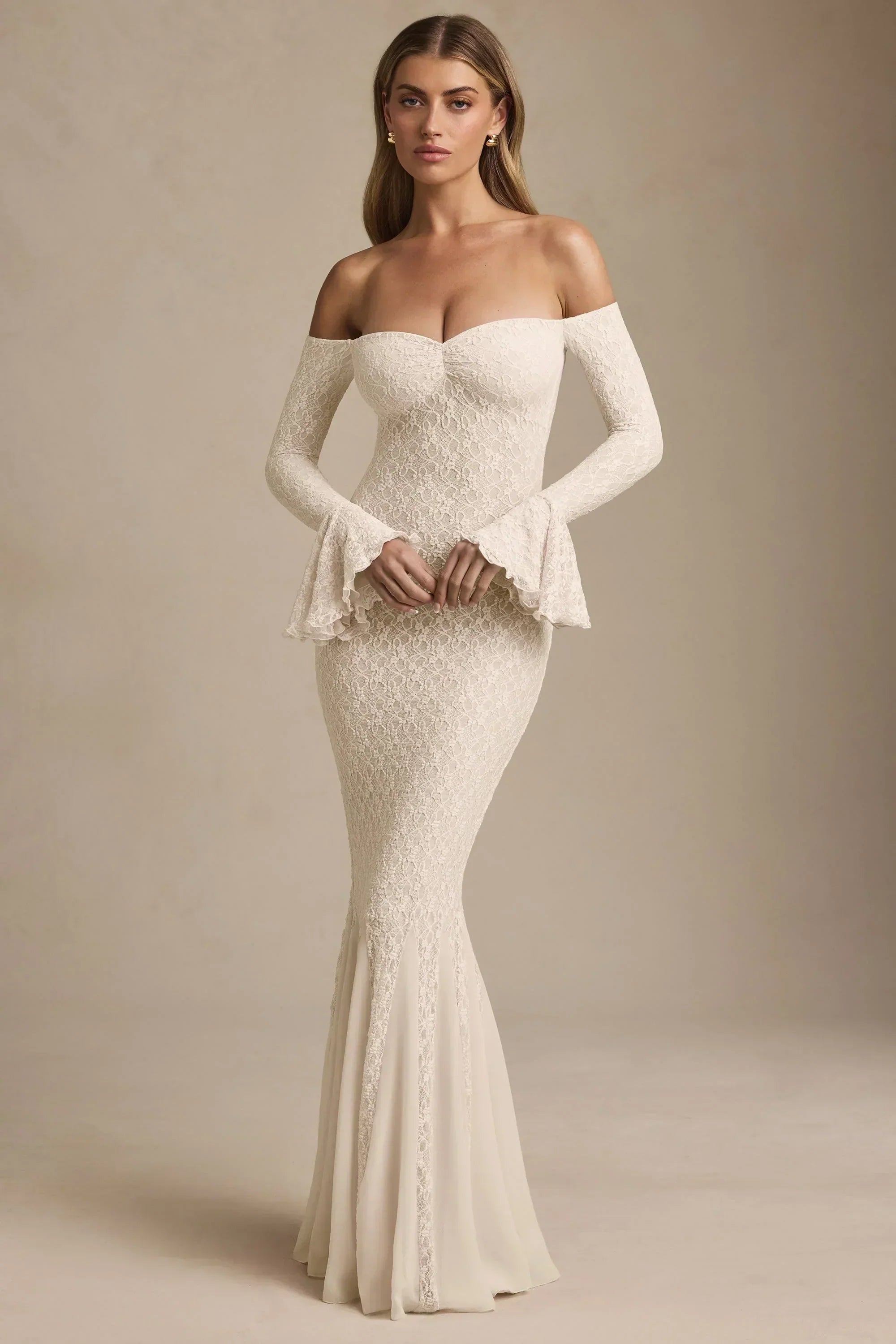 Off-Shoulder Ruffle Lace Maxi Dress in Ivory