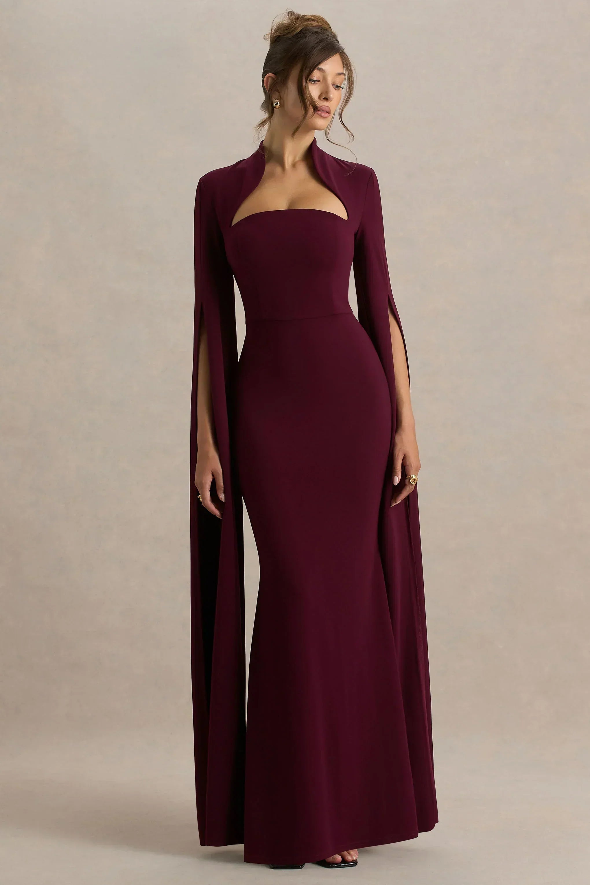 Esme | Burgundy Square-Neck Maxi Dress With Cape Sleeves