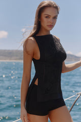 black cotton placement lace broderie anglaise boat neck top
