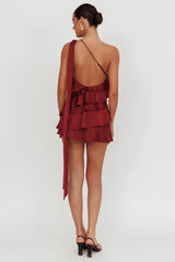 Arrabel Tiered Ruffle One Shoulder Mini Dress Wine