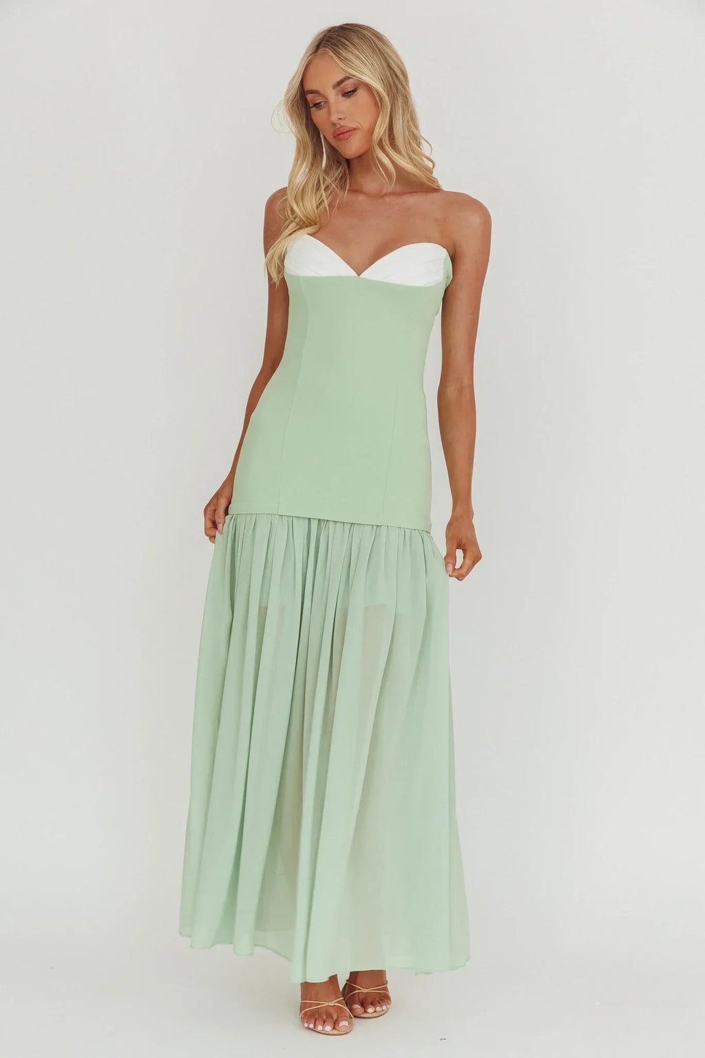 Unspoken Sweetheart Neckline Sheer Hem Maxi Dress Sage