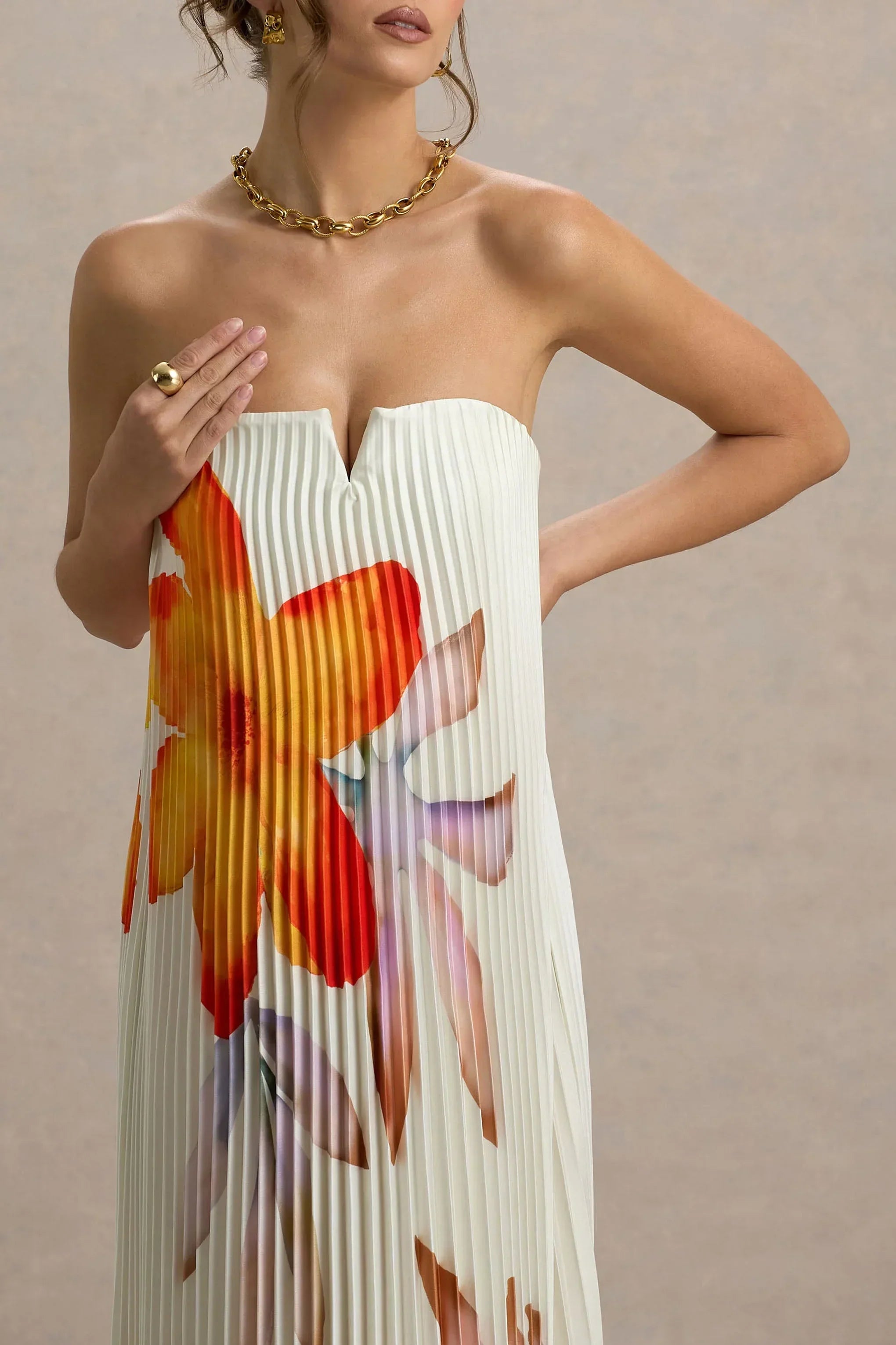 Bergamot | Orange Floral Satin Sweetheart Maxi Dress