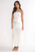 Wilma Sheer Hem Strapless Maxi Dress Flowers Blue