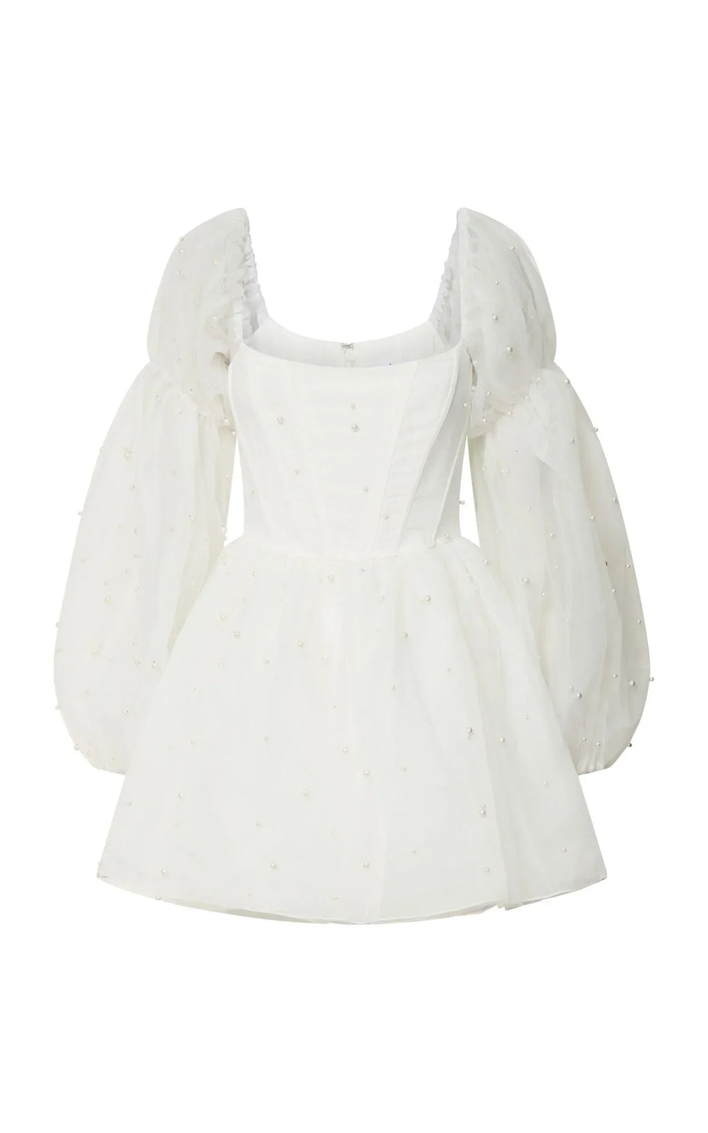 Ingrid Mini Dress - Long Puff Sleeve Pearl Detail Dress in White