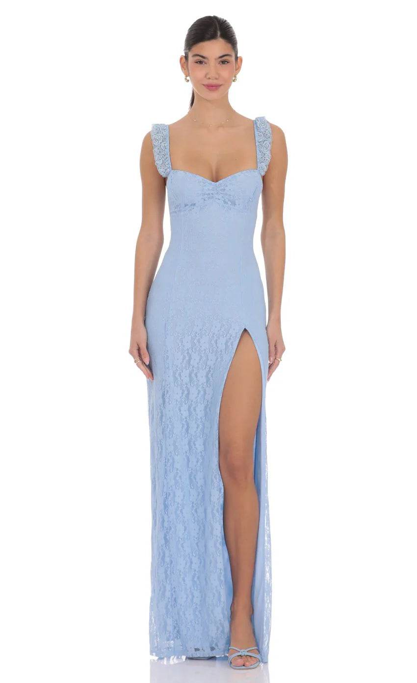 Lace Ruffle Strap Maxi Dress in Light Blue