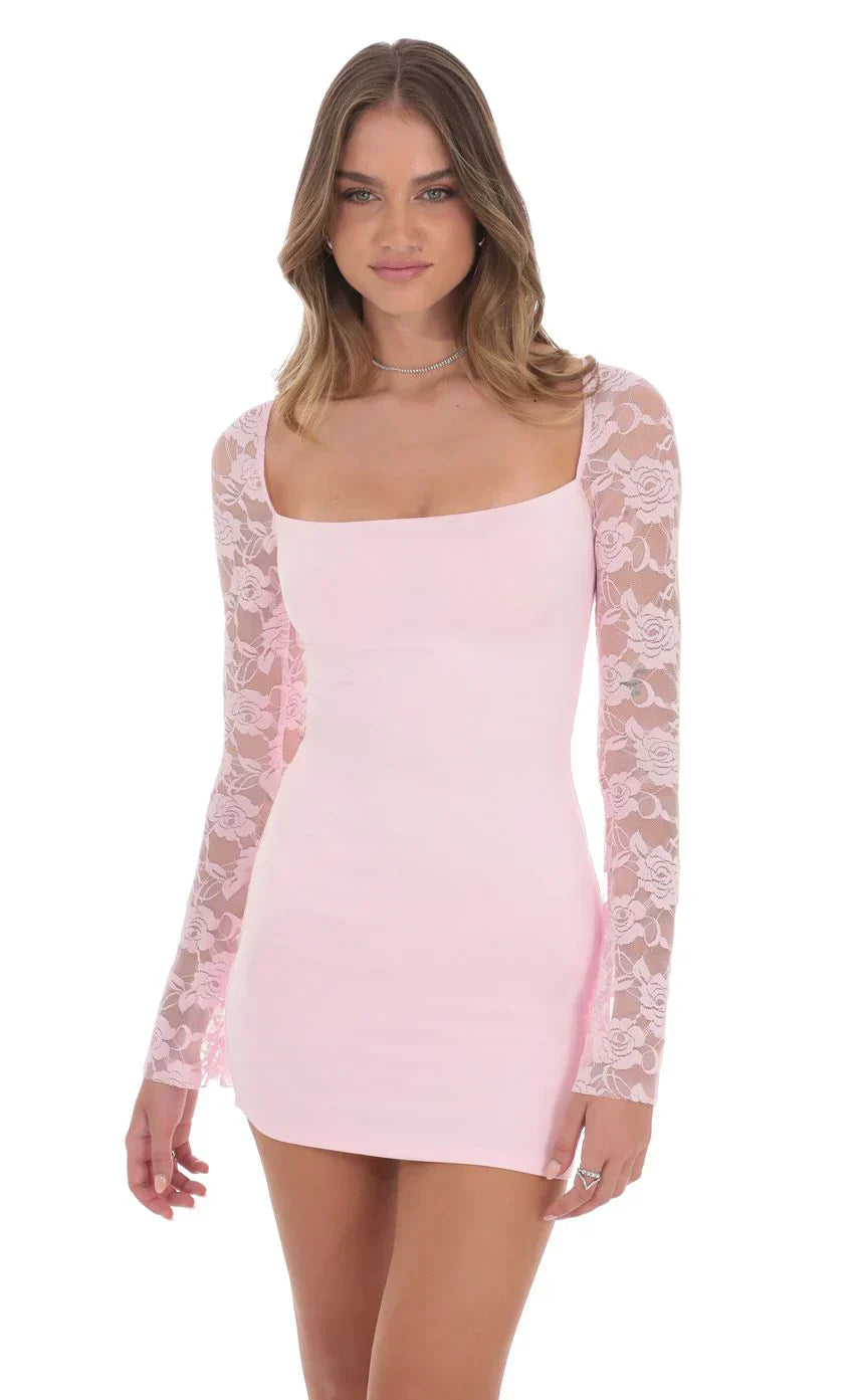 Lace Long Sleeve Bodycon Dress in Maroon